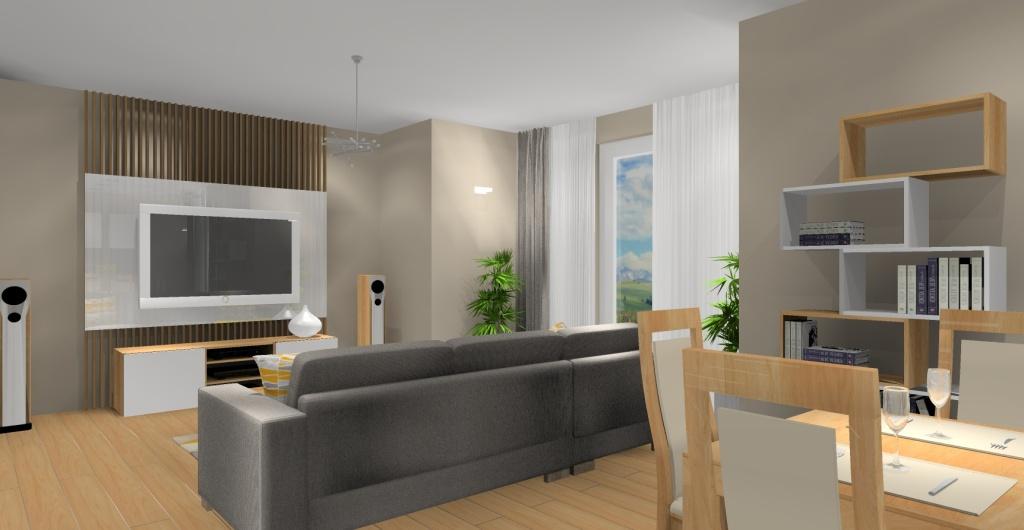 Mieszkanie, projekt, wnetrze salonu z jadalnią w stylu skandynawskim, zdjęcie na sofę i ścianę RTV